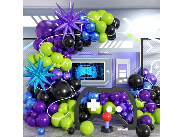 Black Purple Blue Balloon Arch Kit, Black Metallic Dark Purple Blue Fruit Green Balloons with Star Foil Balloons for Boys Game-themed Party...