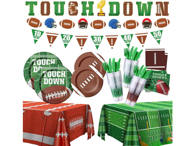 173PCS Football Party Supplies Kit for 24 Guests - Football Birthday Party Supplies with Paper Plate Napkin Big Cup Cutlery Banners Touchdown...