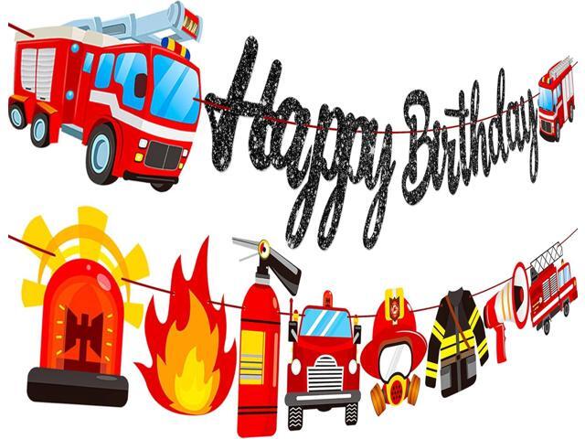 Fire Truck Birthday Banner Firefighter Baby Shower Fireman Happy Birthday Themed Party Sign Supplies Fire Engine Rescue Bday Glitter Bunting...