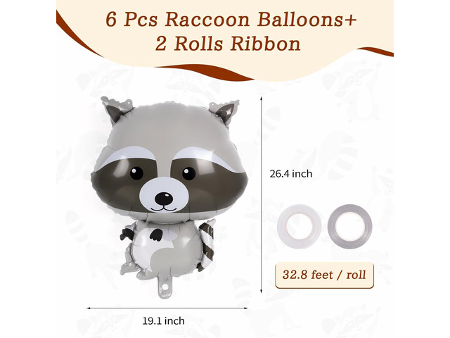 AIQINHU Raccoon Balloons - 6 Pcs Cute Foil Balloons for Woodland Animal Themed Party, Camping, Birthday, Baby Shower