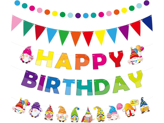 Sinload 5 Pcs Gnome Happy Birthday Party Bunting Banner Colorful Gnome Birthday Decorations Pennant Banners Rainbow Party Backdrop Supplies