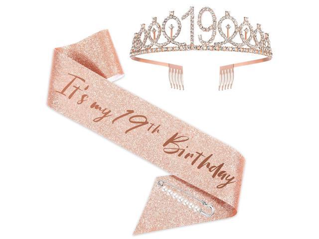 BRT Bearingshui Rose Gold 19th Birthday Sash, Tiara and '19 & Fabulous' Party Favor Supplies for Girls