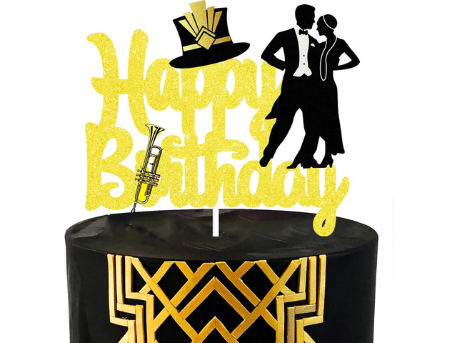 Roaring 1920's Happy Birthday Cake Topper - 1920s Vintage Flapper Wedding Art Decor Jazz Dance Party Supplies - Black and Gold Birthday Party...