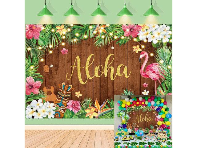 Summer Aloha Luau Party Backdrop Hawaiian Flamingo Background Palm Leaves Floral Wood Decor Banner Happy Birthday Photo Photography Supplies (7x5FT)