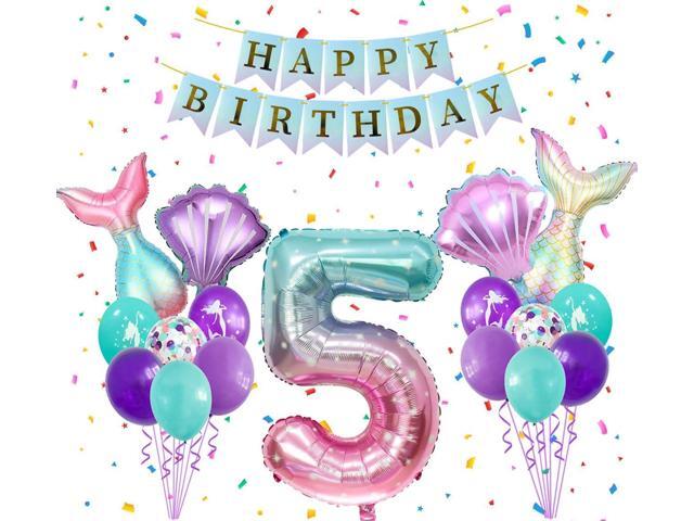 Mermaid Birthday Party Decor, Blue Pink Purple Party Supplies Set, Mermaid Tail Shell Balloons Number 5 Balloon 32Inch with Happy Birthday Banner...