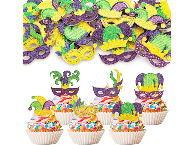 24Pcs Mardi Gras Cupcake Toppers Glitter Masquerade Masks Cupcake Food Fruit Picks Masquerade Mardi Gras Party Baby Shower Birthday Party Cake...