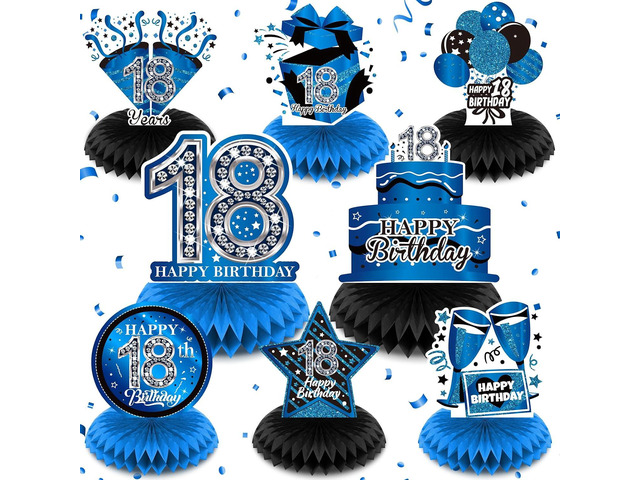 8Pcs Blue 18th Birthday Decorations Blue and Black Happy 18th Birthday Table Honeycomb Centerpieces for Table Decor 18th Birthday Table Topper for...