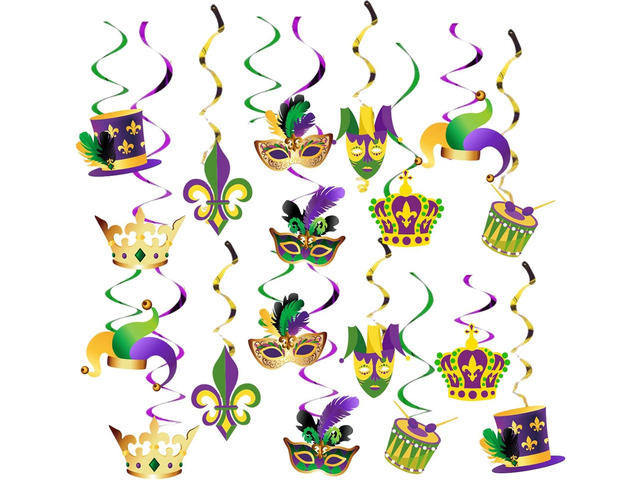 Mardi Gras Hanging Swirl Decorations - 36Pcs Mardi Gras Crown Mask Ceiling Hanging for Masquerade Party Decorations Gold Green Purple Foil Swirl...
