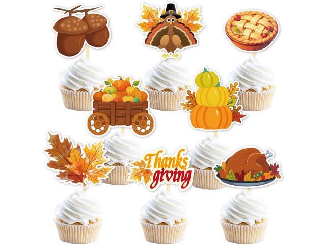 24 Pcs Thanksgiving Day Decoration Cupcake Toppers, Fall Theme Turkey Maple Leaf Pumpkin - Cake Picks for Thanksgiving Party Supplies (Mixed B)