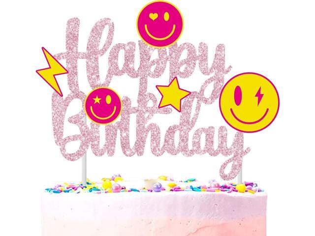 Preppy Birthday Cake Topper Smile Face Happy Birthday Cake Topper Pink Preppy Party Decoration for Girls Women Smile Face Lightning Star Theme...