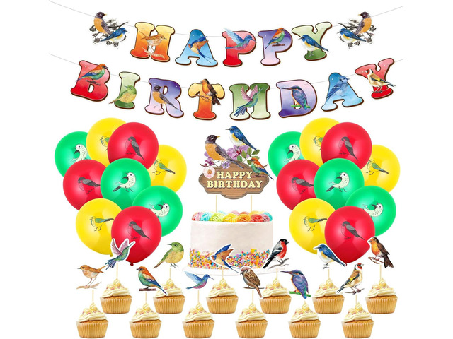 Harloon 32 Pcs Bird Party Supplies Includes Happy Birthday Banner Cake Toppers Balloon Bird Party Decorations for Tropical Birthday Decorations...