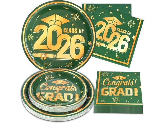 60Pcs Green Graduation Paper Plates and Napkins 2026 Green and Gold Grad Plates and Napkins Party Supplies Class of 2026 Tableware Serves 20