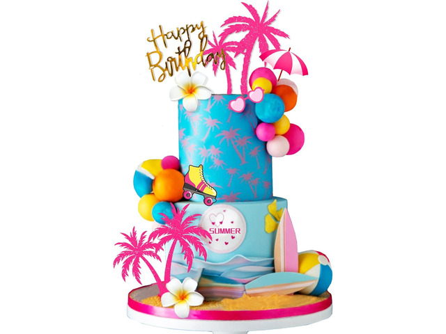Summer Hawaiian Cake Topper with Beach Ball Sun Umbrella Goggles Beach Cake Decorations for Summer Holiday Theme Birthday Supplies (Surfboard)