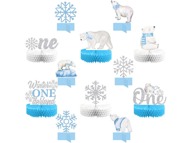 Lincia 12 Pcs Winter Onederland 1st Birthday Decorations Polar Bear Honeycomb Blue Wonderland Table Centerpieces for Birthday Party Supplies