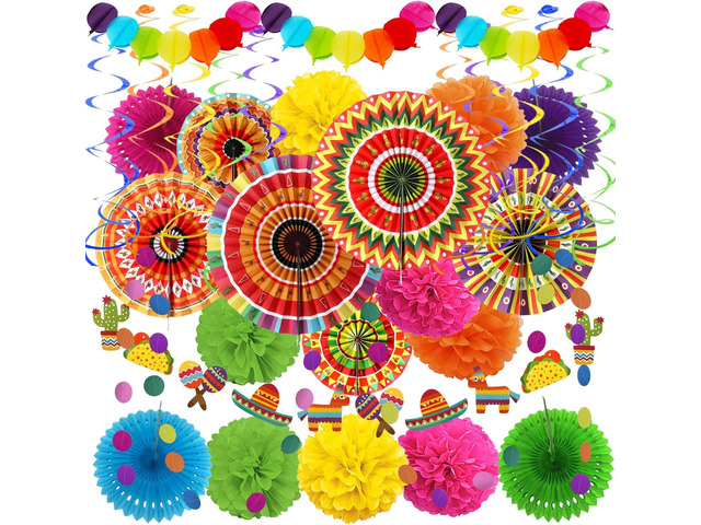 ZERODECO Fiesta Party Decorations, Mexican Party Multicolored Paper Fans Pom Poms Garlands Hanging Swirls for Fiesta Mexican Cinco De Mayo Taco...