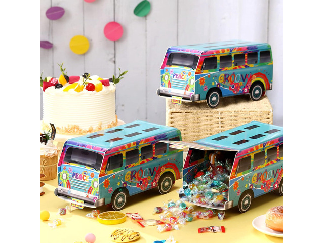 Eersida 3 Pieces 60's 70s Groovy Decorations Hippie Party Decorations Flower Peace Hippie Bus Retro Treat Goodie Candy Paper Boxes Centerpieces for...