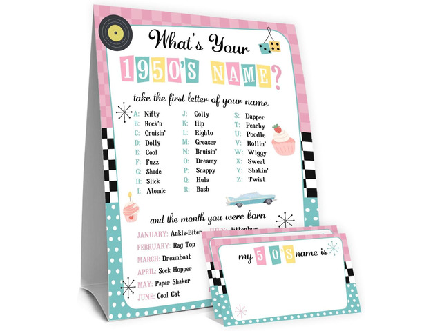 What's Your 1950's Name Game, 1 Double Sided Sign & 30 Sticker Cards, Retro Birthday Party Games for Kids & Adults, Perfect for 50's Sock Hop...