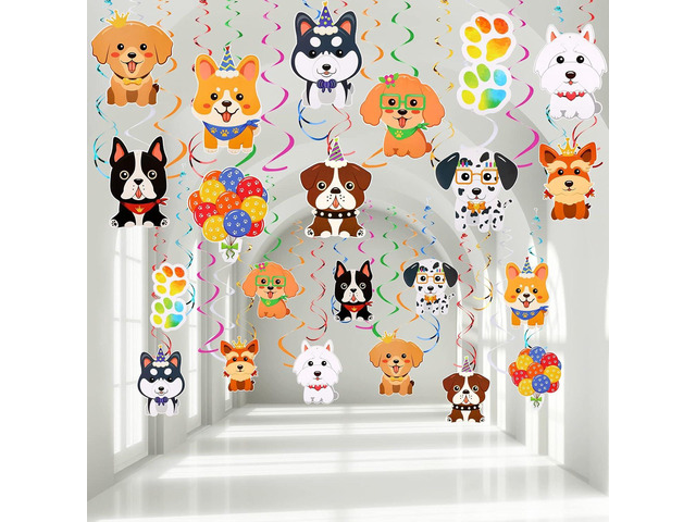 Nezyo 30 Pcs Dog Party Decoration Dog Hanging Swirls Ceiling Streamers Puppy Themed Birthday Party Favors Paper Cutout Garland Banner with Card for...
