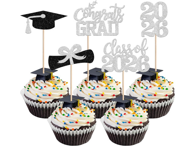 40 PCS 2026 Graduation Theme Cupcake Toppers Glitter Class of 2026 Congrats Grad Diploma Graduation Cap Cupcake Picks for 2026 Graduation Theme...