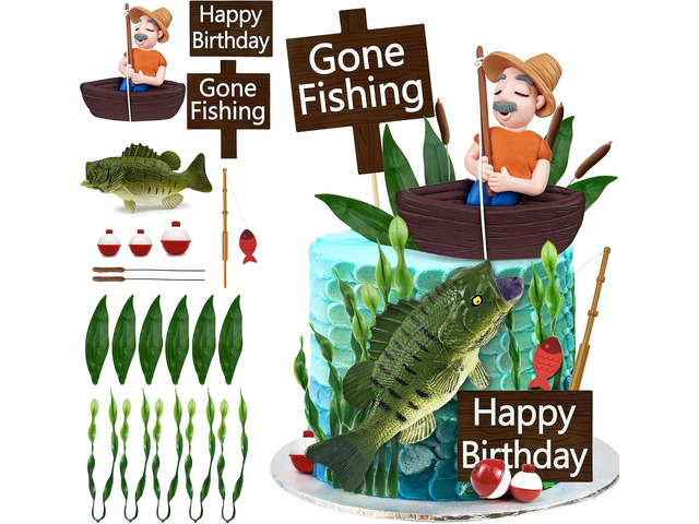 21 PCS Gone Fishing Cake Toppers Fisherman Fish Cake Decoration for Gone Fishing Themed Party Supplies Decor