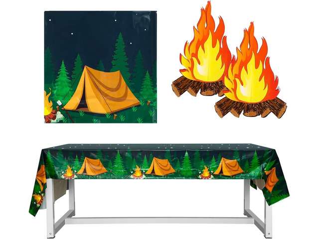 Tegeme Camping Theme Tablecloth Set, Including 2 Pieces Hiking Camping Rectangle Tablecloth and 2 Piece Fake Campfire 3D Decorative Cardboard...