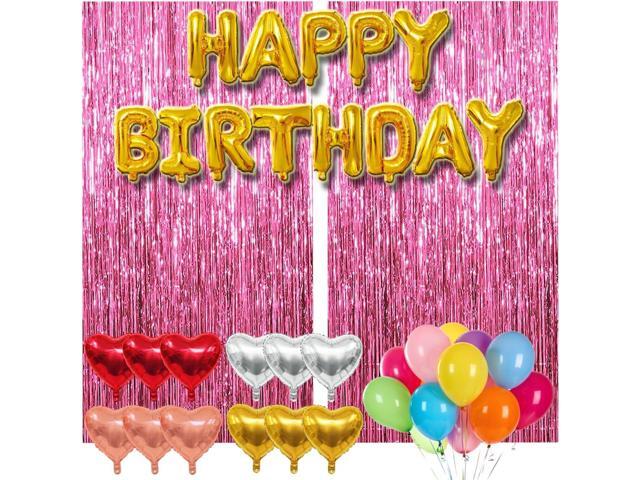 77Pcs Pink Happy Birthday Party Decorations Kit, Happy Birthday Banner, Pink Streamers Tinsel Backdrop, 4 Colors Foil Heart Balloons with 50Pcs...