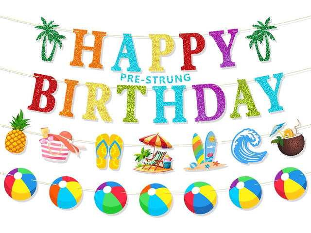 Pre-Strung Pool Birthday Party Decorations, NO DIY Glitter Happy Birthday Banner, Pool Party Banners, Summer Themed Party Supplies