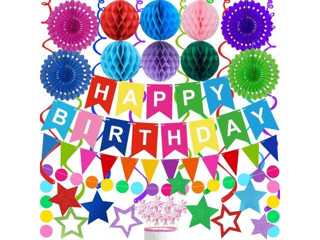 Birthday Decorations Colorful Happy Birthday Banner Paper Fans Honeycomb Balls Hanging Swirl Stars Triangles Dots Garland Cupcake Toppers Party...