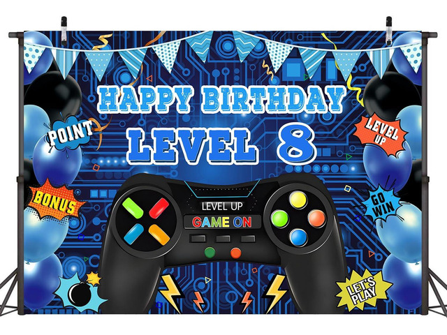 Game Theme Level 8 Birthday Backdrop Video Game Happy 8th Birthday Party Decorations Level Up Theme Boys Kids Birthday Party Supplies(7×5FT)