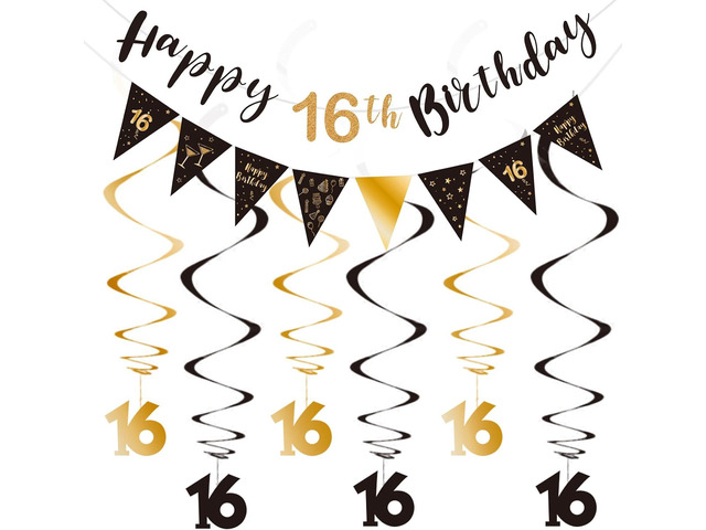 16th Birthday Decoration Kit, Happy 16th Birthday Banner Bunting Swirls Streamers, Triangle Flag Banner for Birthday Party Decorations Supplies...