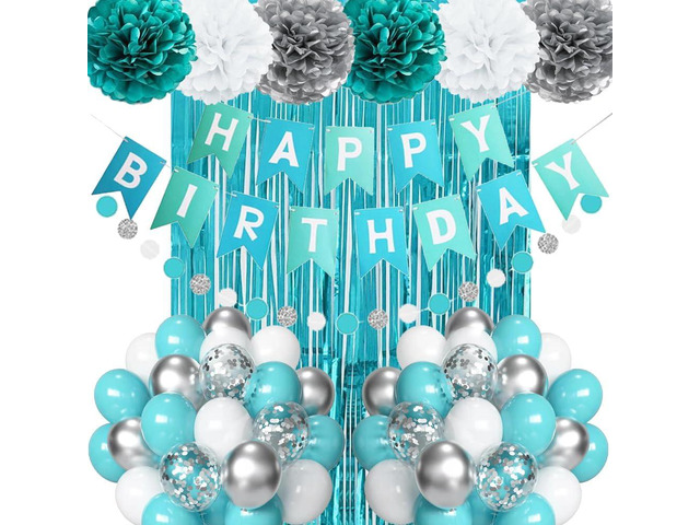 Teal Blue and Silver Birthday Party Decorations, Happy Birthday Banner Turquoise Aqua Teal Foil Fringe Curtain Tissue Pom Poms Balloons Décor...