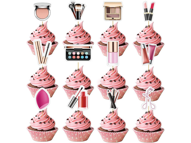 24PCS Makeup Cupcake Toppers - Makeup Cupcake Toppers for Girls Make-up Birthday Party Decorations Cosmetics Cake Toppers Make Up Party Supplies...