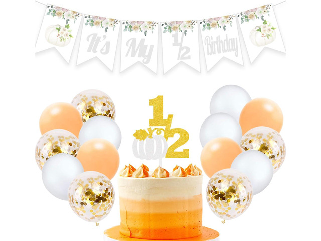 Pumpkin It's My 1/2 Birthday Banner Half Birthday Cake Topper 6 Months Photo Prop Halloween Fall Balloons Party Supplies (white)