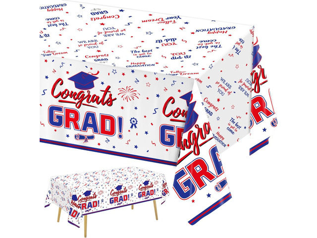 Oigco Graduation Decorations Congrats Grad Graduation Tablecloth for 2026 Graduation Party Supplies, 3 Pcs Red and Blue Plastic Table Cloths, 54'x108'