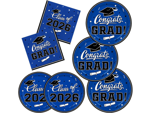 Class of 2026 Graduation Party Supplies - Serve 16 with Blue Graduation Decorations Disposable Paper Plates and Napkins Set, for Congrats Grad...