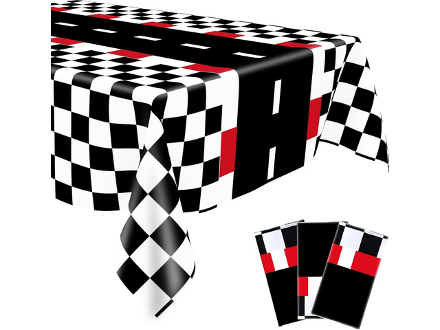 3 Pack Racing Car Tablecloth, Black White Checkered Disposable Plastic Table Covers 54 x 108 Inch, Rectangular Table Cloth for Kids Racing Birthday...