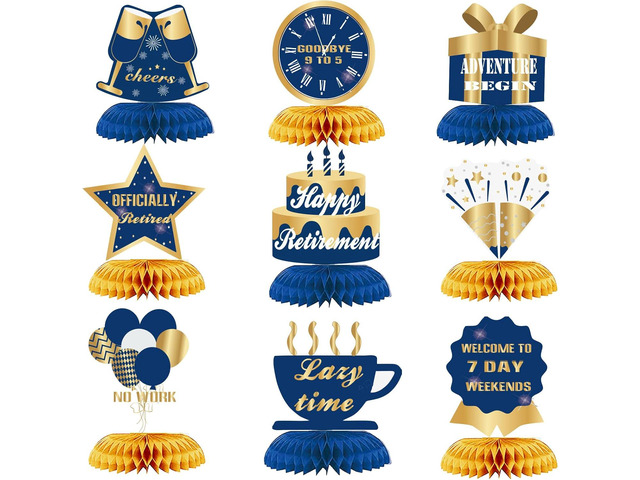 9Pcs Happy Retirement Decorations Table Honeycomb Centerpieces Party Supplies Blue Gold Retirement Adventure Awaits Sign for Men Retired Decor...