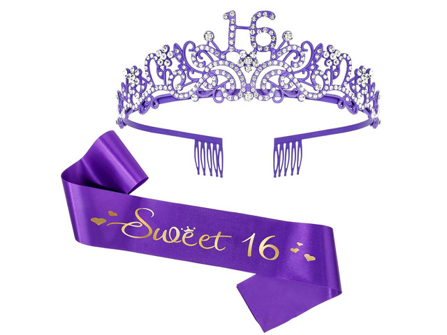 Semato Sweet 16 Party Decorations Set - Purple 16th Birthday Crown and Sweet 16 Sash Glitter Kit for Girls' Birthday Party Supplies and Favors