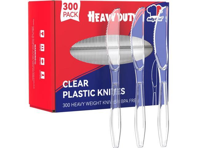 JOLLY CHEF 300 Count Clear Plastic Knives Heavy Duty, 7.7' Heat Resistant Solid and Durable Plastic Knives Disposable, Disposable Bulk Cutlery...