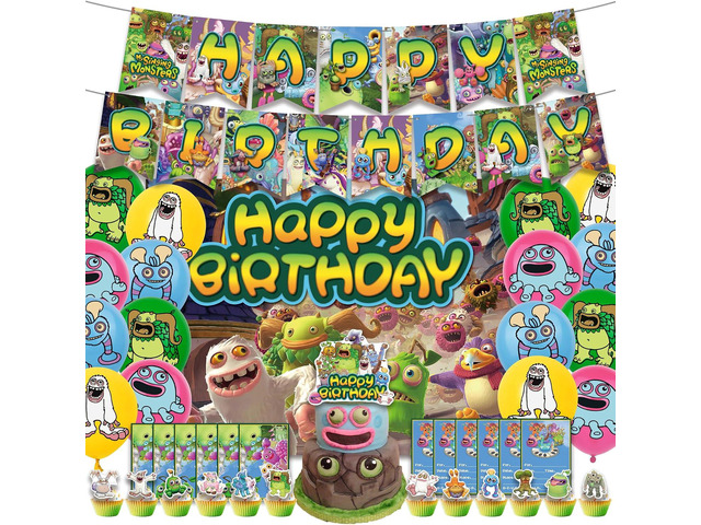 Monster Theme Birthday Party Supplies Includes Cupcake & Cake Topper-Happy Birthday Banner-Background-Balloons-Invitation Card for Kids Monster Party...