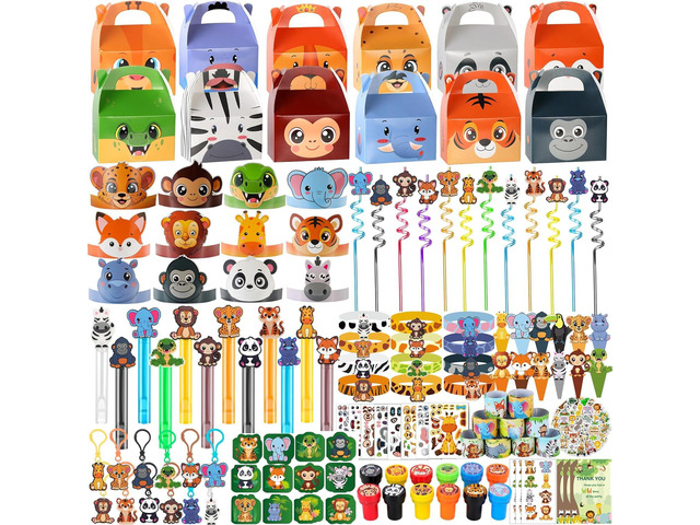 All-in-One - 256 Pcs Wild One Jungle Safari Birthday Party Decorations - Zoo Animal First Birthday Supplies Kit - Includes Favor Boxes, Bubble...