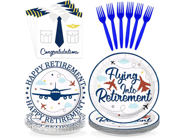 96Pcs Flying into Retirement Party Decorations Pilot Happy Retirement Plates and Napkins Sets Blue Airplane Retired Pilot Decoration for Men...