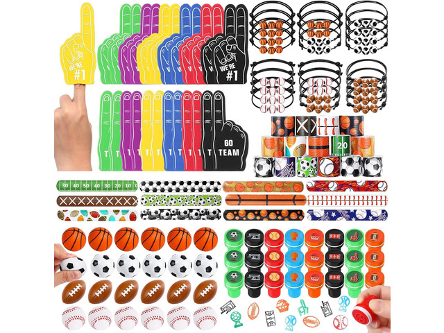 Aoriher 120 Pcs Sport Balls Party Favors Set Serve 24, Basketball Football Soccer Goodie Foam Finger Mini Stress Ball Slap Bracelet Charm Bracelet...