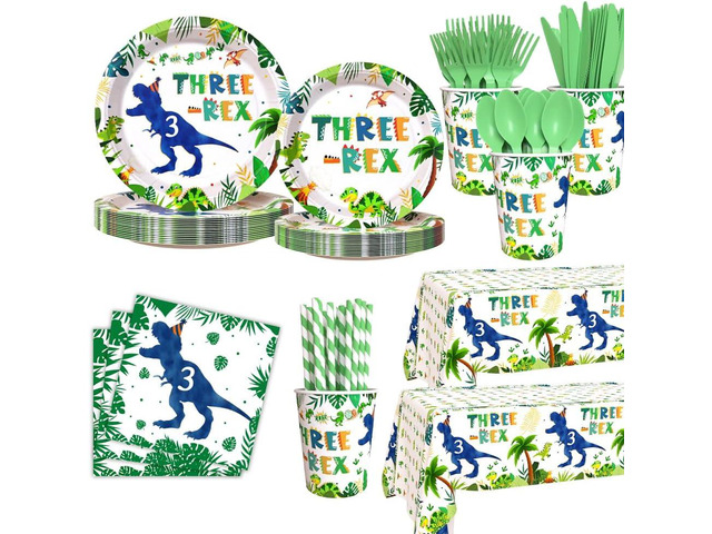 AIBIIN 194pcs Three Rex Birthday Decorations for Boy 3rd Birthday Party Plates, Cup, Napkin, Tablecloth, Tableware, Dinosaur 3 year old Birthday...
