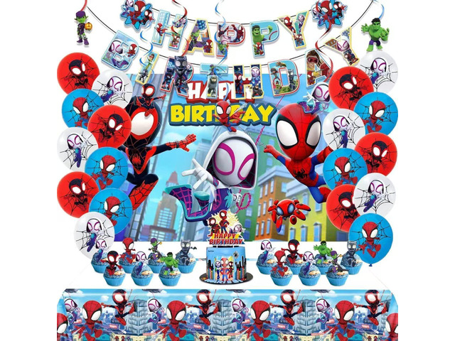 Cartoon spidey-themed birthday party supplies. These decorations include 'Happy Birthday' banners, tableware, tablecloths, balloons, large and...