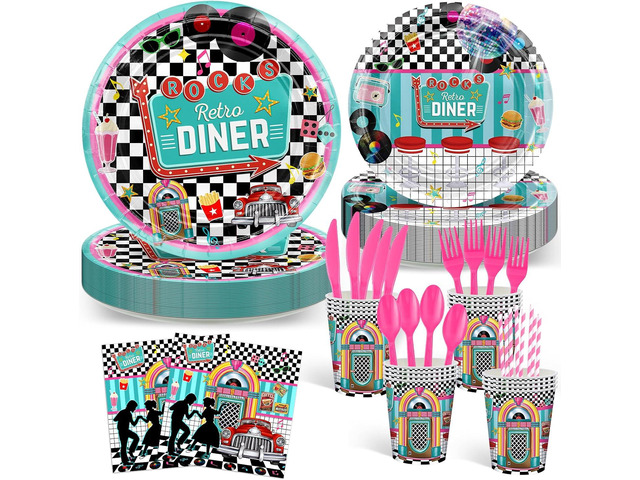 Avezano 192 Pcs 50s Party Plates Napkins 1950's Theme Rock Roll Party Tableware Back to 50s Disposable Paper Plates Napkins for Birthday...
