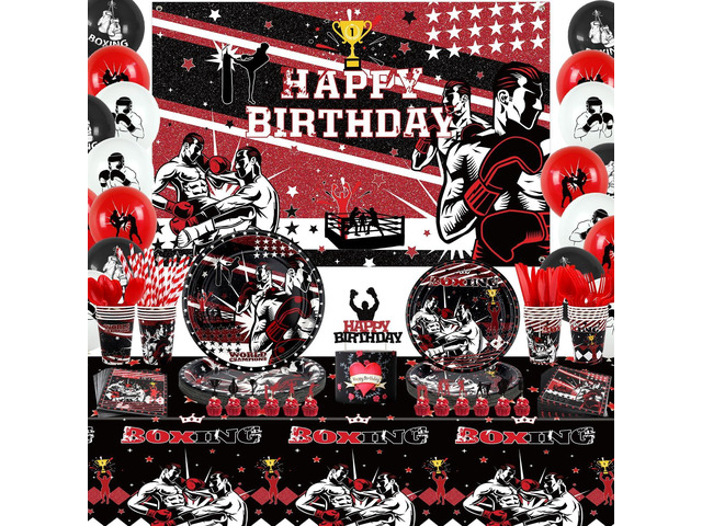 KEFAN Boxing Birthday Party Decorations, Boxing Party Supplies Packs, Fight Sports Wrestling Party Supplies including Backdrop, Plates, Napkins,...