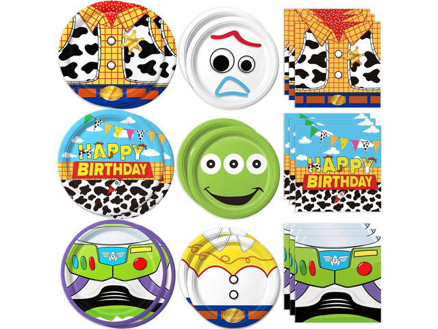 90Pcs Cartoon Birthday Party Supplies Cartoon Plates Napkins Tableware for Toy Theme Birthday Decor for 30 Guests