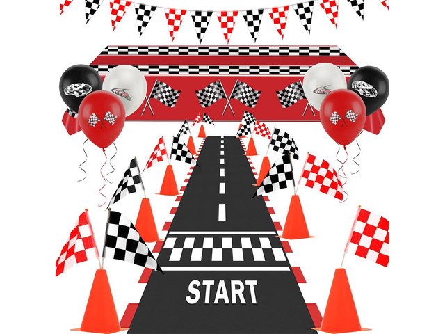 Race Car Party Decorations, Checkered Flag Party Supplies-12 Traffic Cones and 24 Racing Checkered Flags, 6.5Ft Racetrack Floor Runner and 9.8ft...