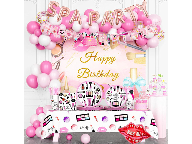 Hombae Spa Party Supplies for Girls, Pink Spa Makeup Salon Cosmetics Birthday Decorations Backdrop Balloon Banner Tablecloth Cake Cupcake Topper...